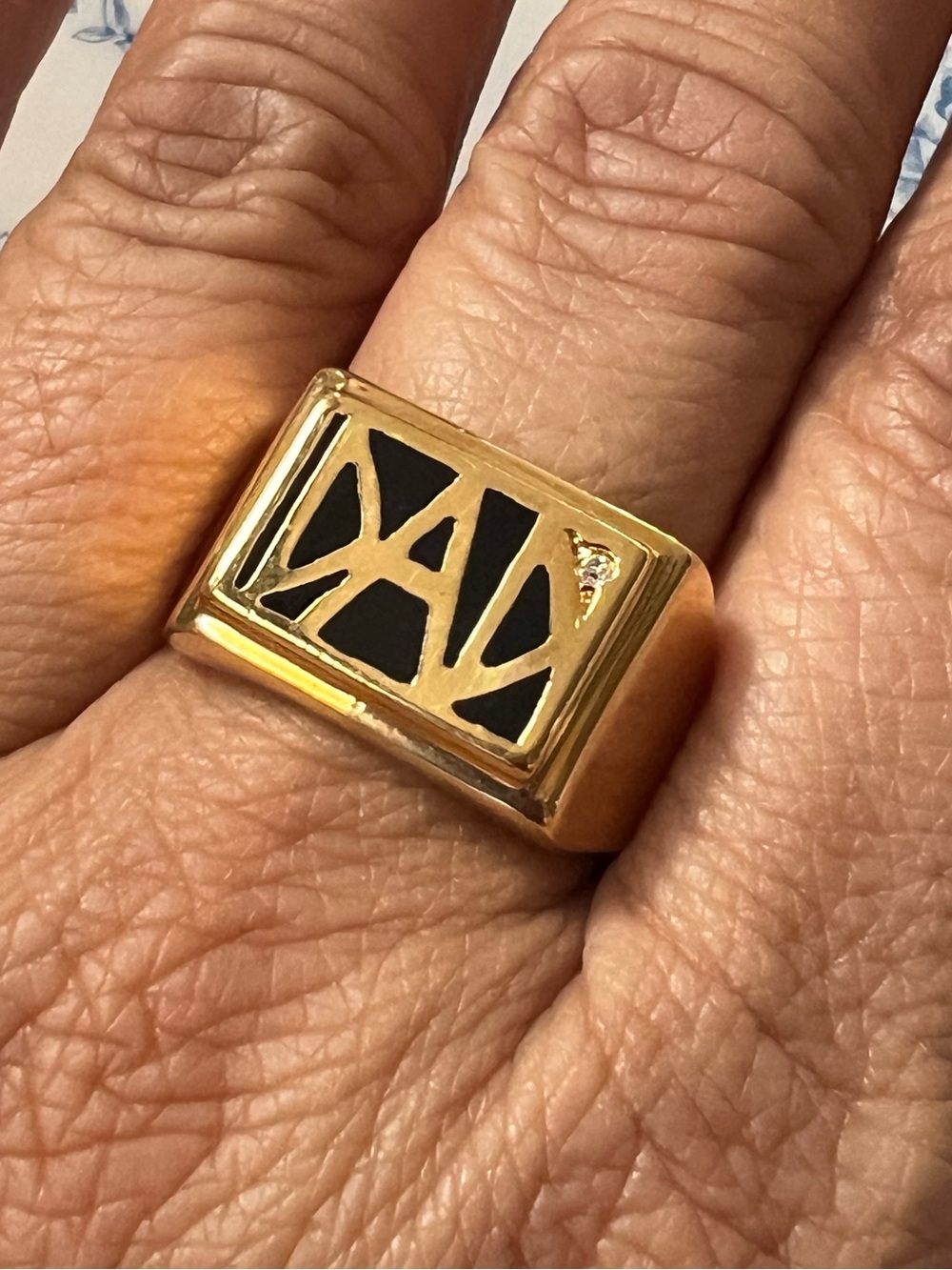 Fathers Day DAD 1980s Vintage Gold Ring Sz 10 Black Inlay CZ Signet Band #1025